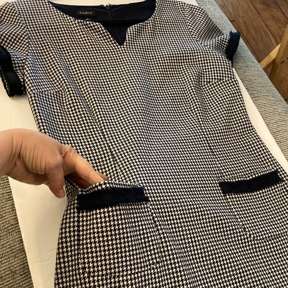 Talbots dress black white plaid short sleeves front pockets back zipper - Picture 5 of 12